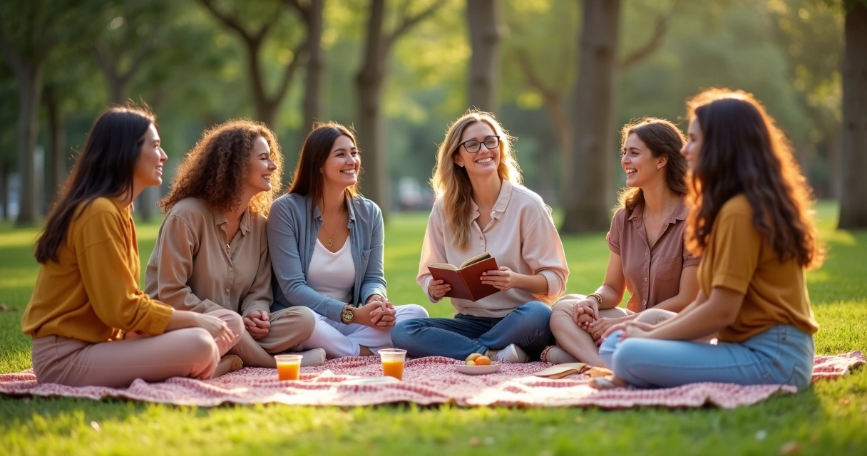 Grupo de amigas cristãs rindo juntas em piquenique ao ar livre 