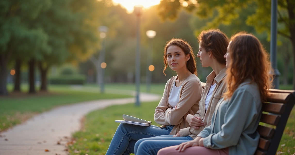 Três amigas sentadas em banco de praça conversando após um conflito leve 