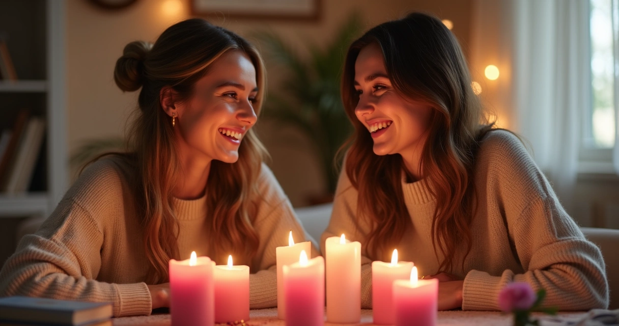 Duas mulheres sorrindo em chamada de vídeo, ambas acendendo velas rosas 