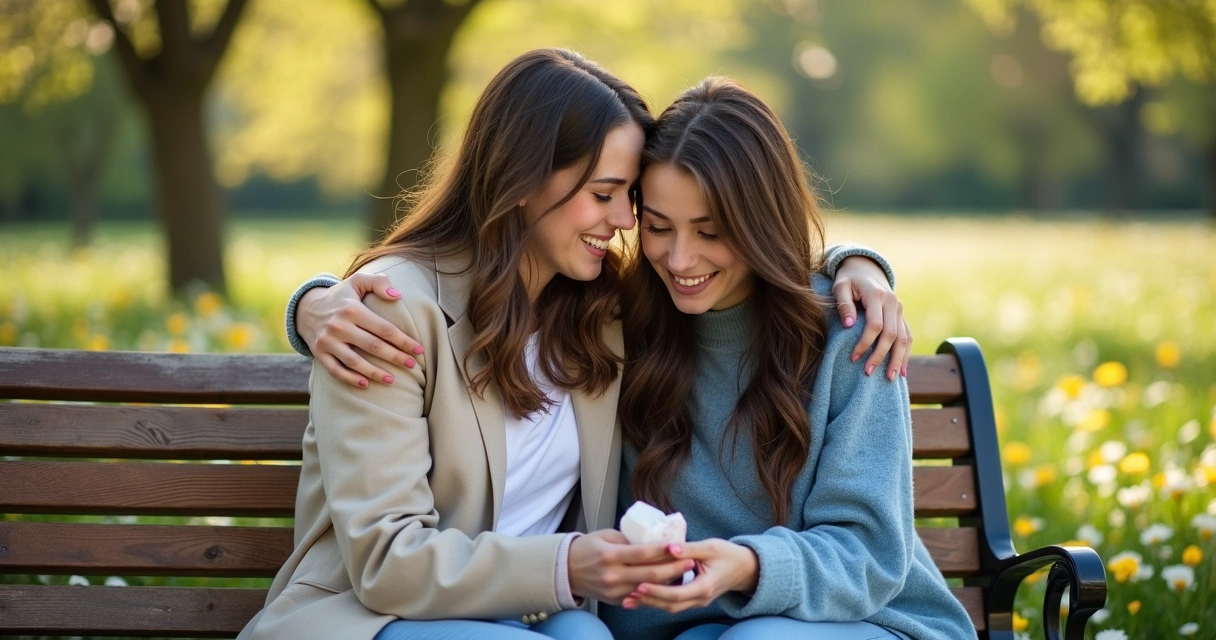 Duas amigas sorrindo sentadas em um banco de parque se reconciliando 