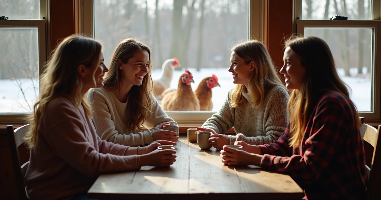 Amigas sentadas em mesa de madeira em fazenda com canecas de chá 