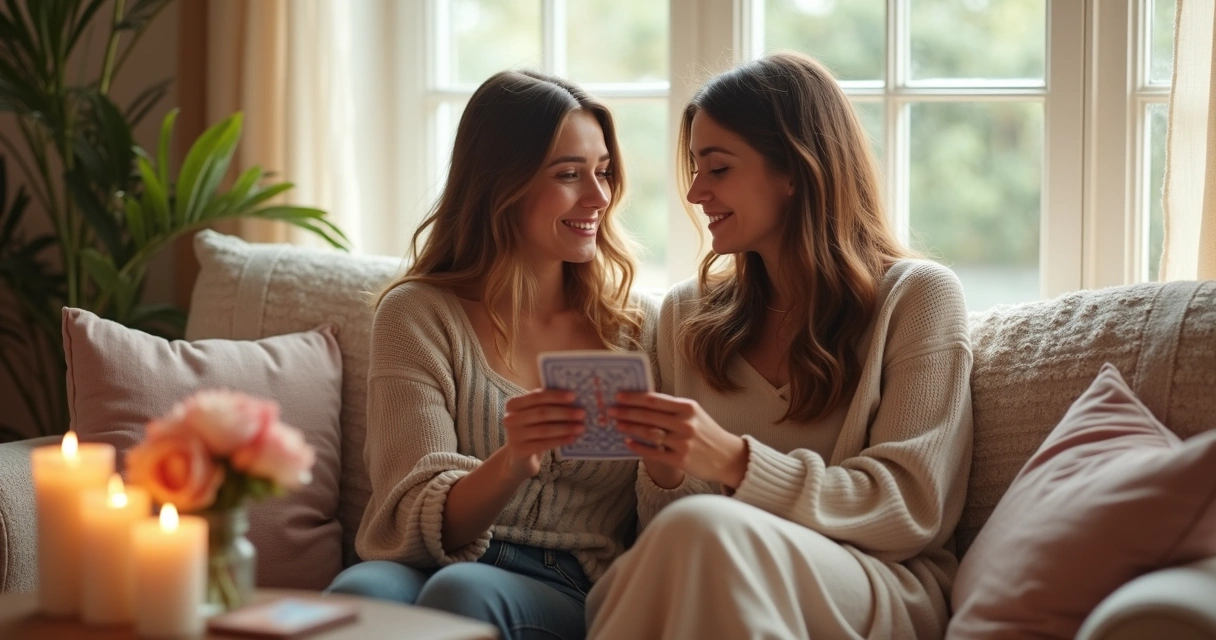 Duas amigas sorrindo sentadas em um sofá lendo cartas de tarot 