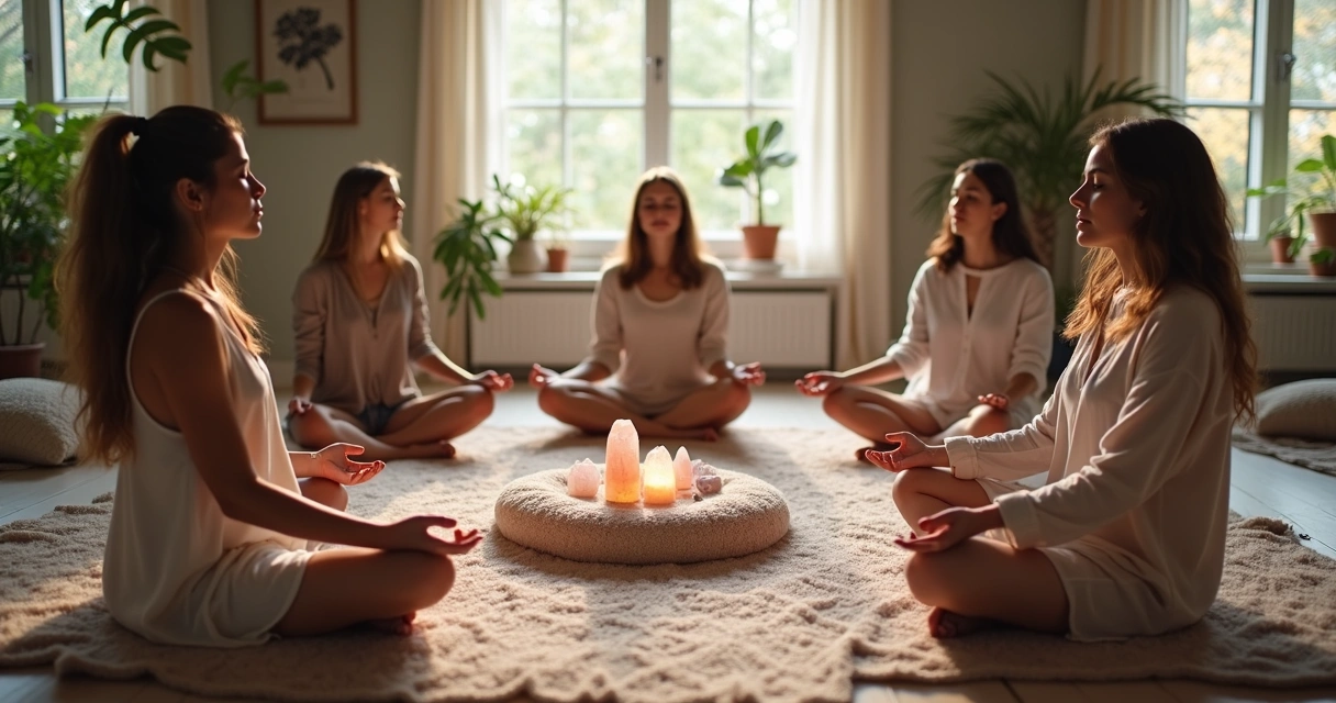 Amigas sentadas em círculo meditando e sorrindo 