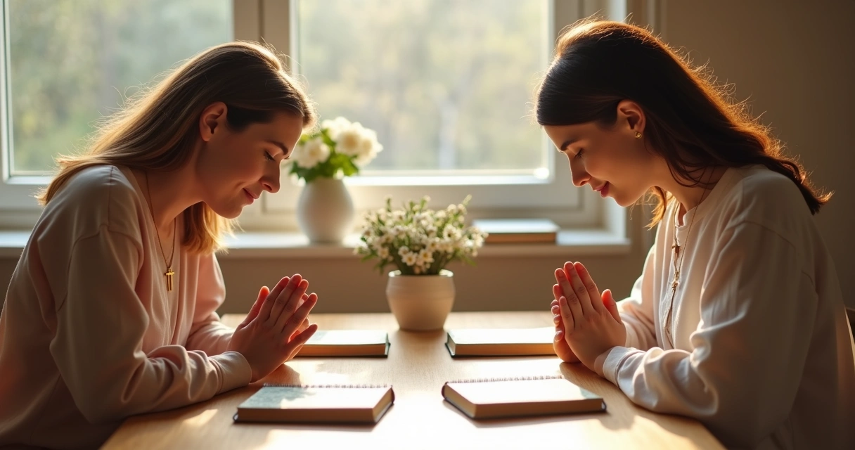 Duas mulheres de mãos dadas orando em uma mesa de madeira clara