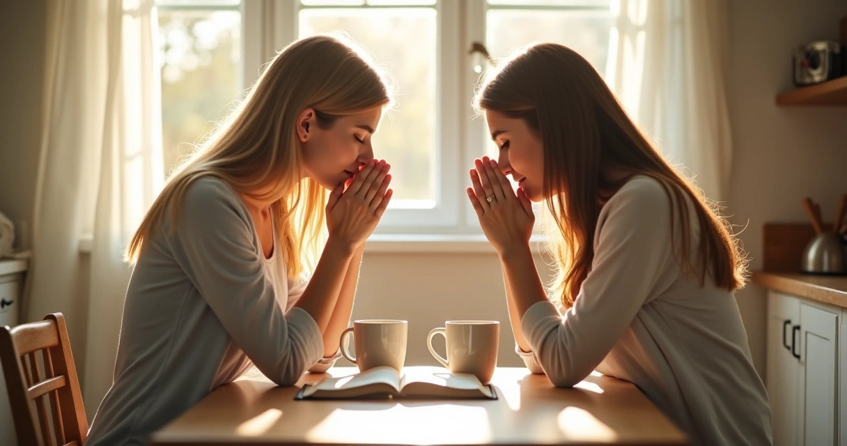 Duas amigas orando na mesa, luz suave da manhã 