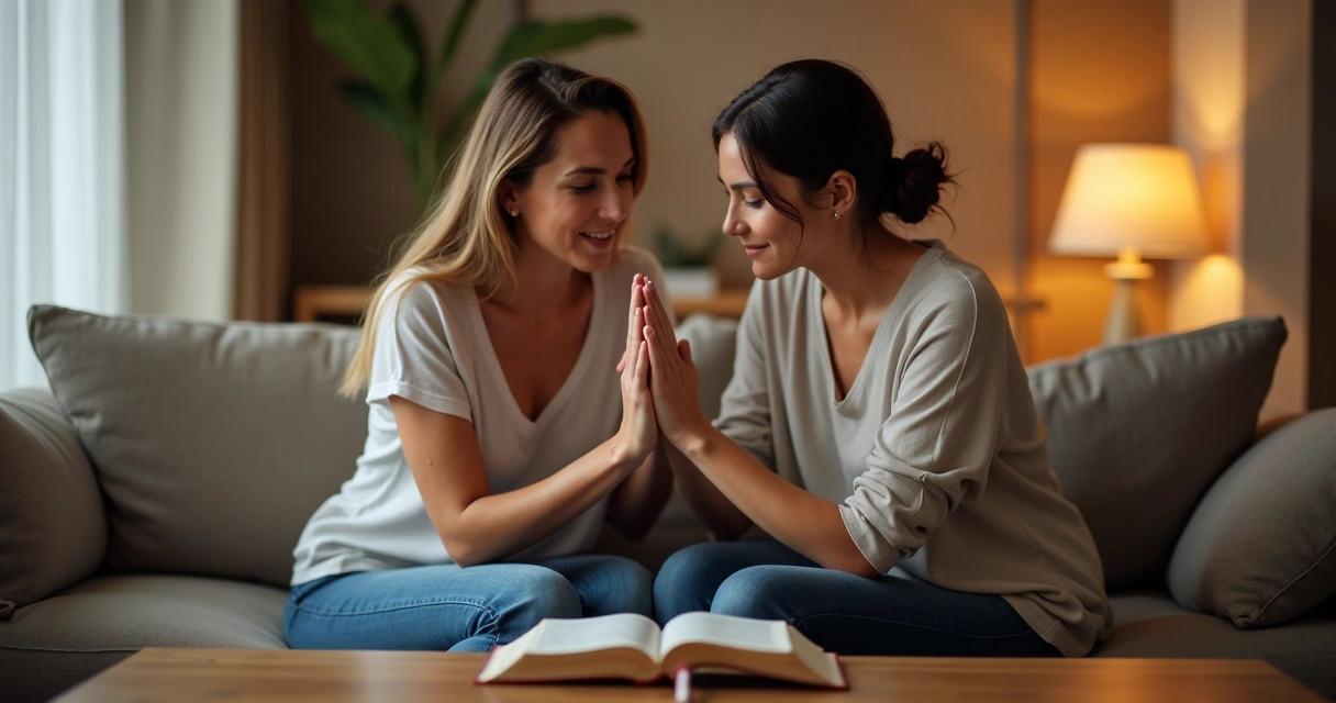 Duas mulheres de mãos dadas orando sentadas em sofá 