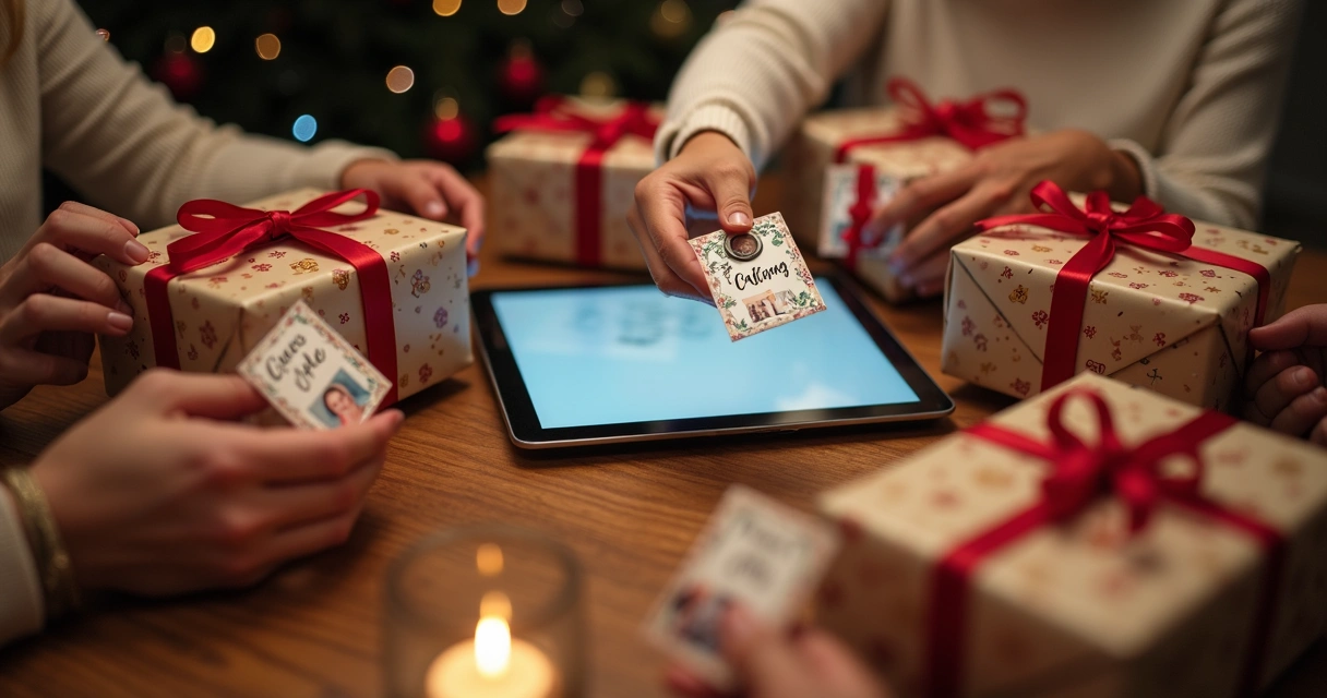 Pacotes de presente criativos em uma mesa, com bilhetes e fotos 