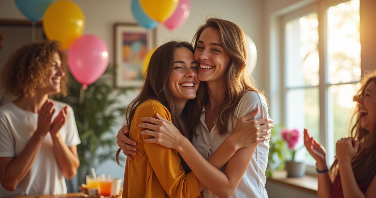 Dois amigos se abraçando em celebração 