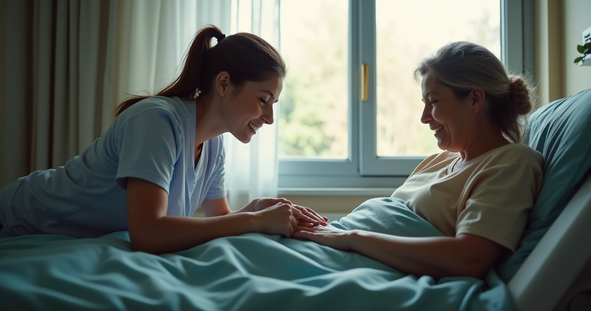 Grupo de amigos sentados juntos, uma amiga segurando a mão de paciente com câncer em ambiente luminoso e acolhedor 