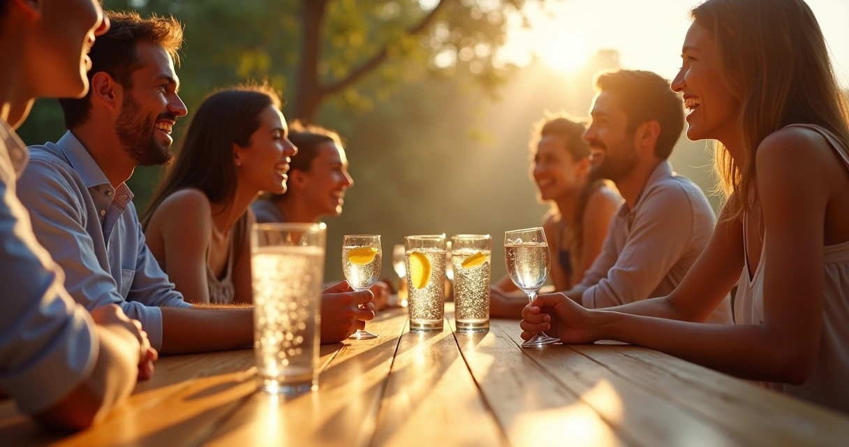 Grupo de amigos sorrindo e bebendo água com gás em uma mesa 