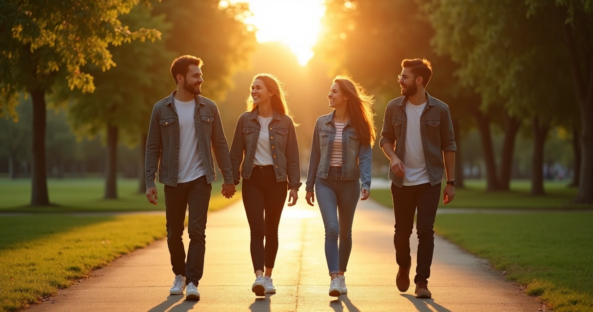 Grupo de amigos caminando por un parque al atardecer 