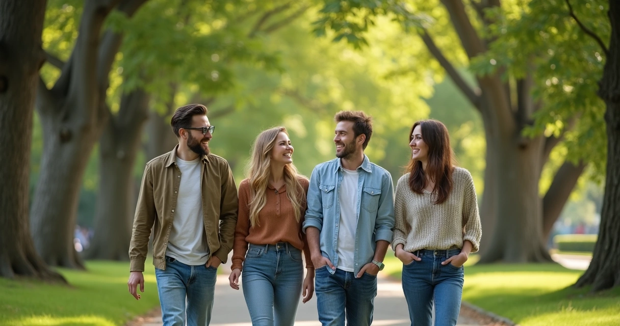 Grupo de amigos caminhando juntos em parque arborizado 