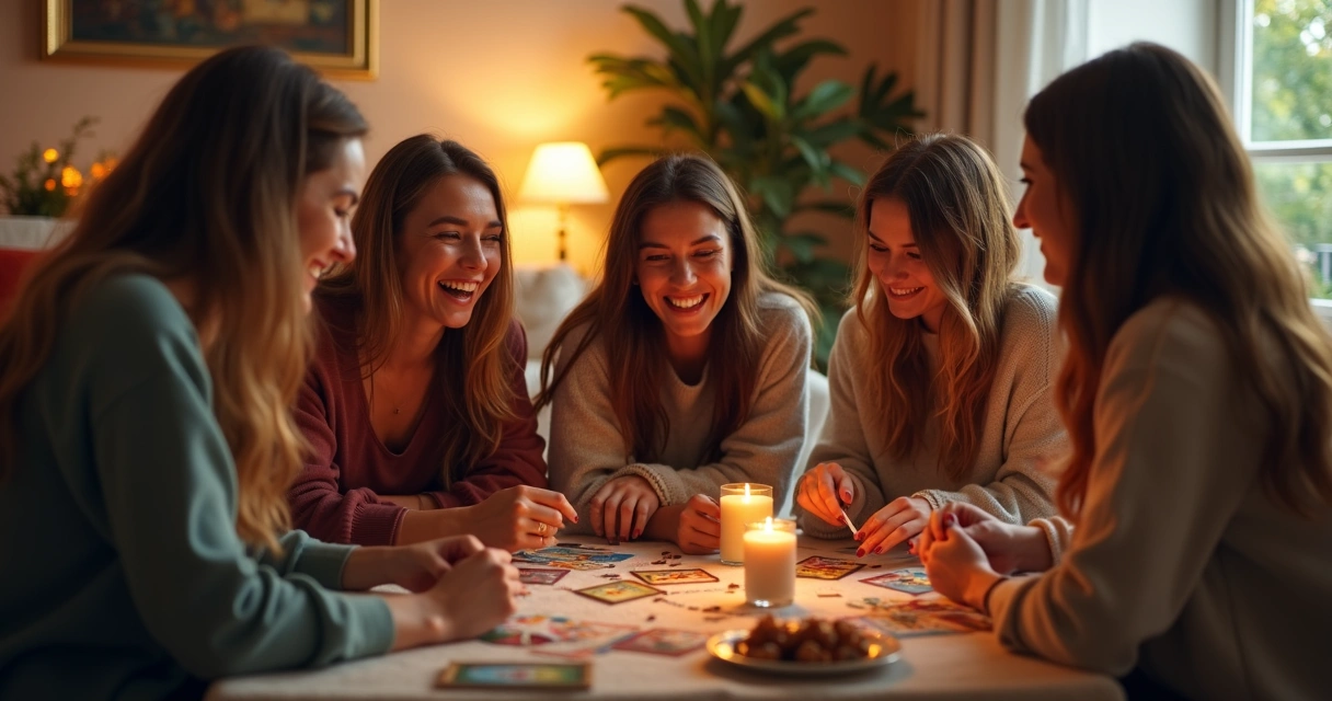 Grupo de amigos sorrindo enquanto tiram cartas de tarot em casa 