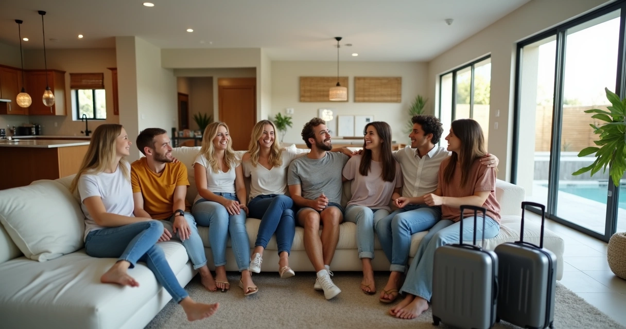 Grupo de amigos em sala de casa de temporada em Orlando curtindo juntos 