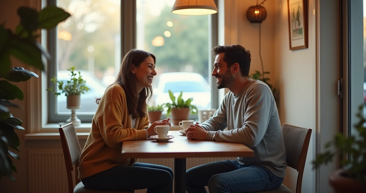 Dos personas sentadas en una cafetería conversando animadamente