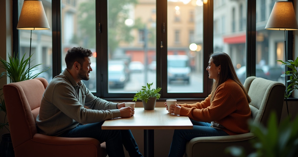 Dois amigos conversam em café com arco de linhas entre seus peitos indicando troca emocional equilibrada 