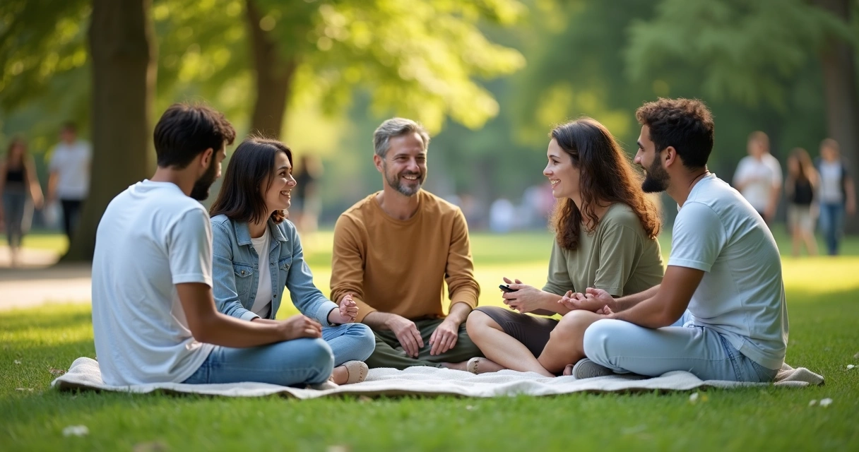 Grupo de amigos conversando sentados em círculo em um parque verde 