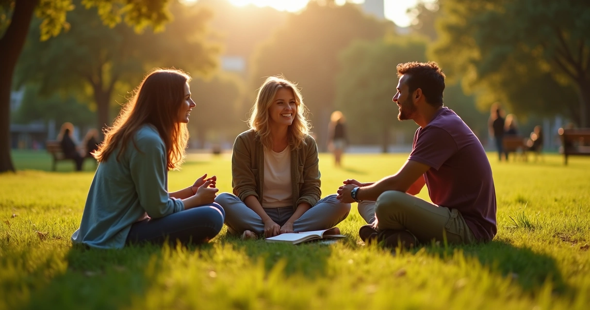 Três amigos conversando em círculo em parque com luz suave do fim da tarde. 