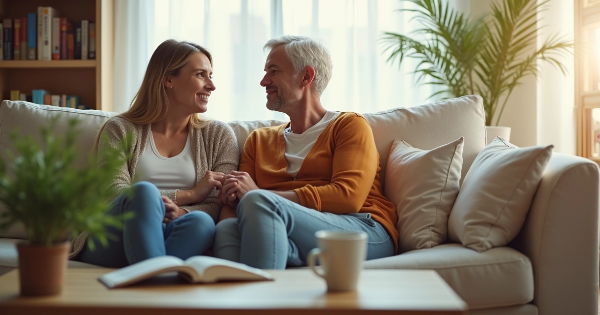 Dois amigos conversando e se apoiando sentados no sofá 