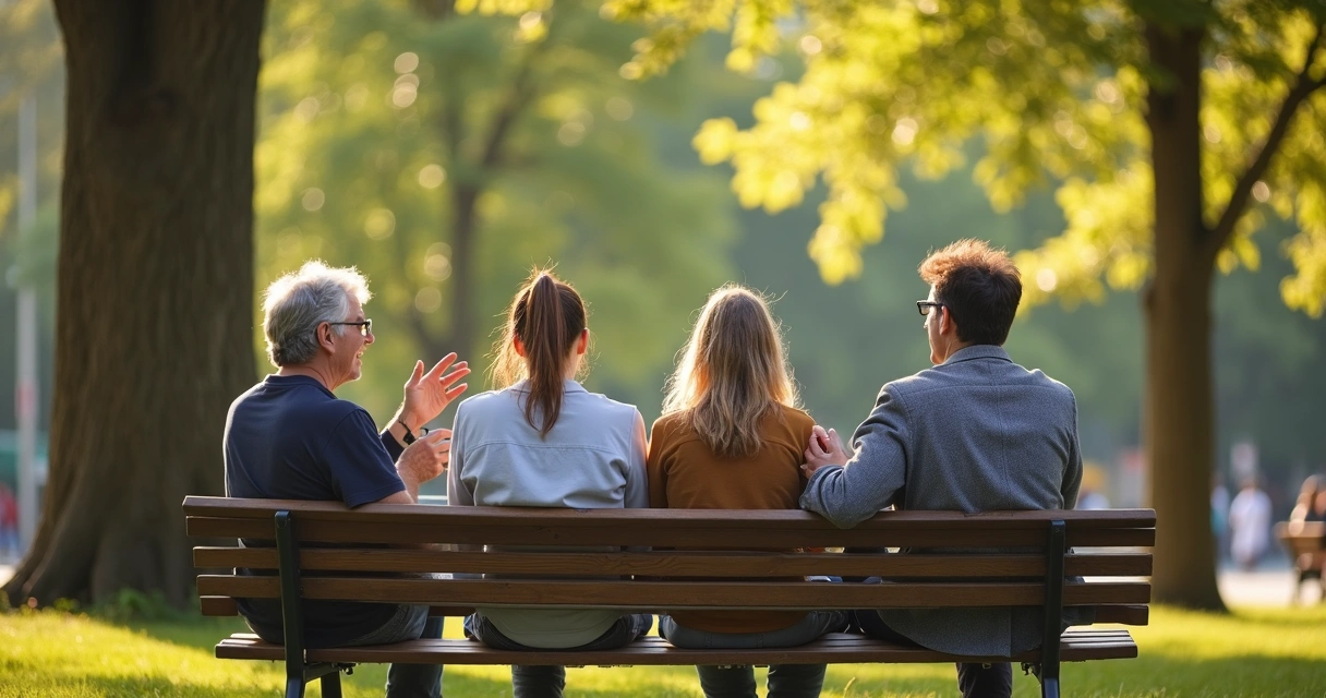 Amigos conversando sentados em banco de praça 