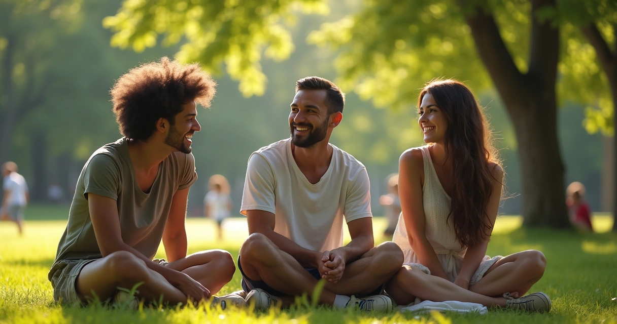 Três pessoas conversando sentadas em um parque, expressões faciais amigáveis e ambiente verde ao fundo. 
