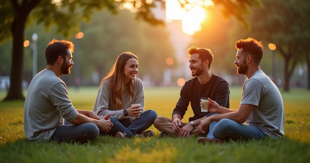 Grupo de amigos conversando em círculo em um parque ao entardecer 