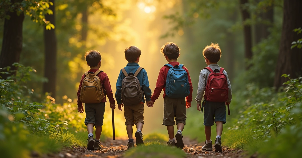 Quatro crianças caminhando juntas em uma floresta, ao entardecer 