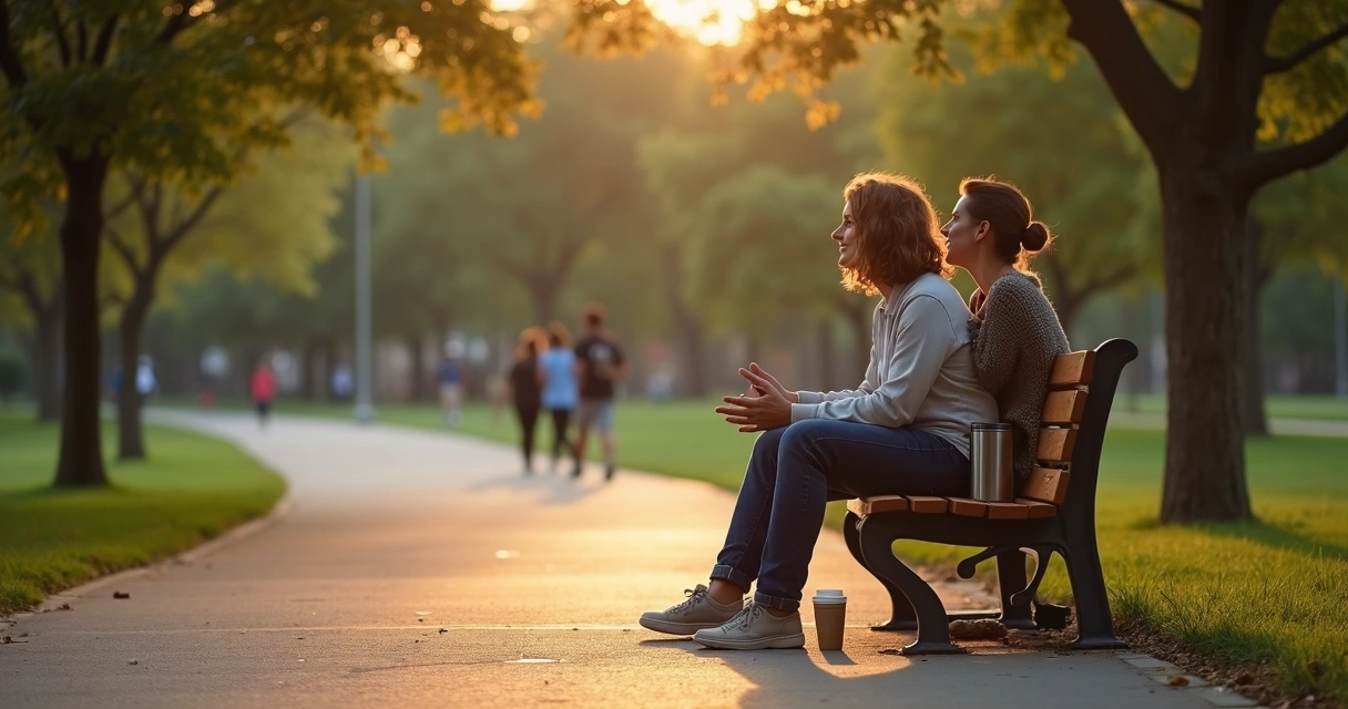 Dois amigos conversando em um banco no parque equilibrando proximidade e limite saudável 
