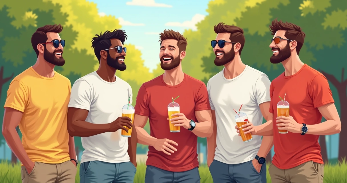 Homens jovens em clima alegre durante churrasco descontraído ao ar livre, usando camisetas estilosas