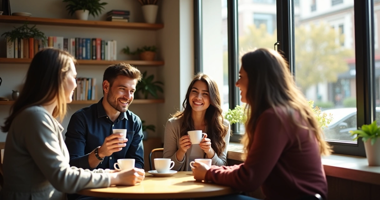 Pessoas conversando de forma atenta em uma cafeteria 