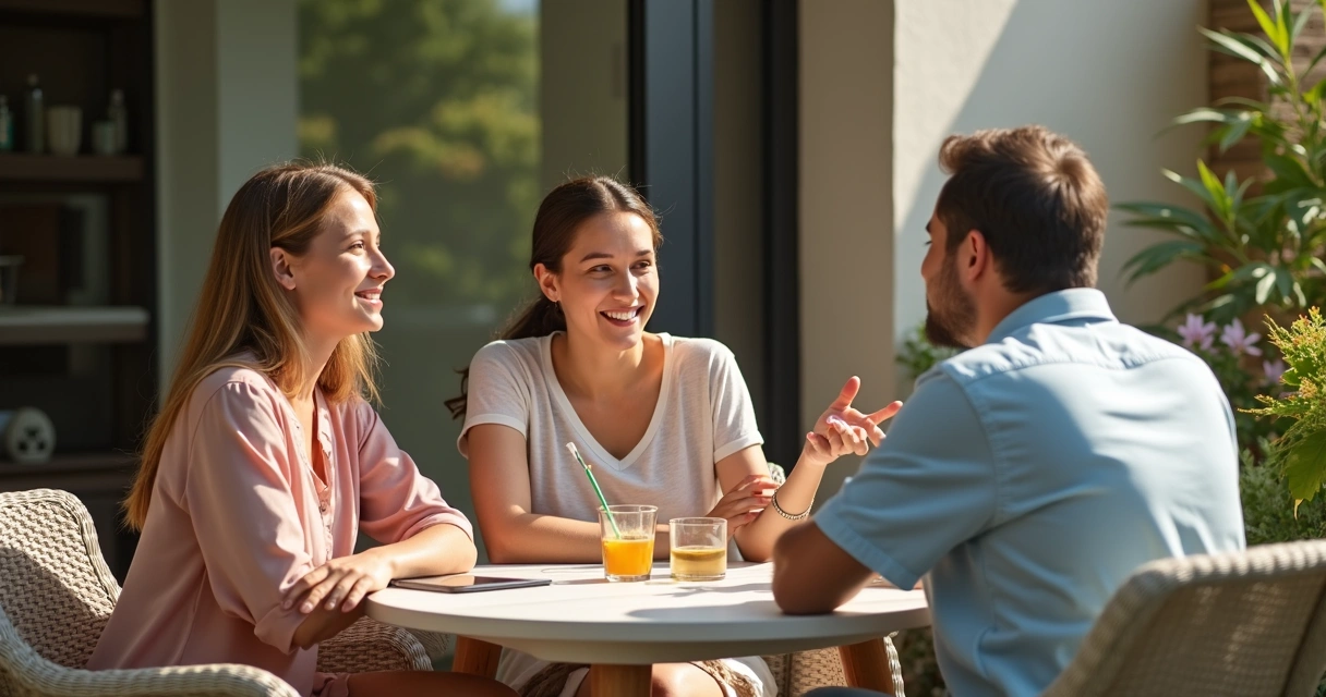 Tres personas adultas conversando sentados en una terraza tranquila 