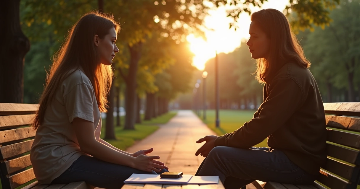 Dois amigos conversam sentados em banco de parque ao entardecer 