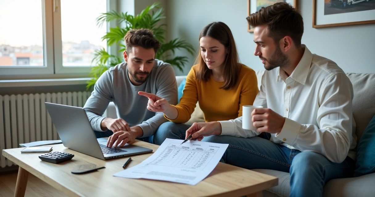 Três amigos sentados no sofá de uma sala moderna dividindo despesas do aluguel em Campinas 