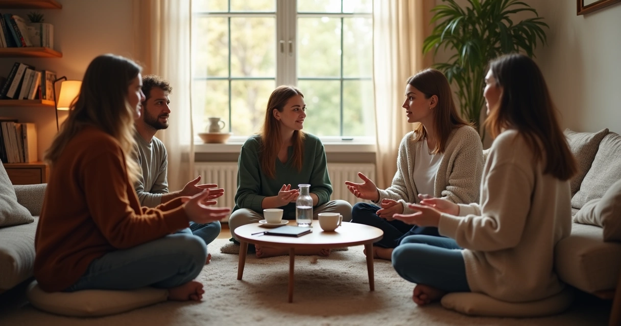 Grupo de amigos em roda de conversa com foco na escuta atenta. 