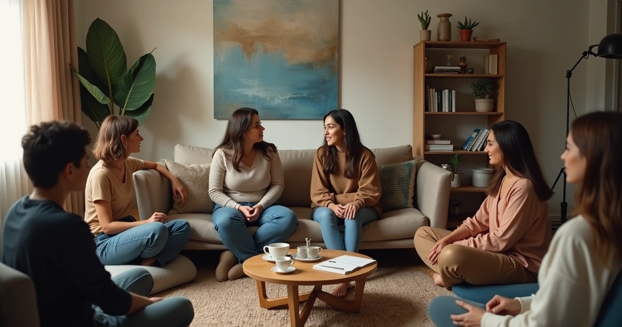 Grupo de amigos em roda de conversa apoiando um casal em reconciliação 