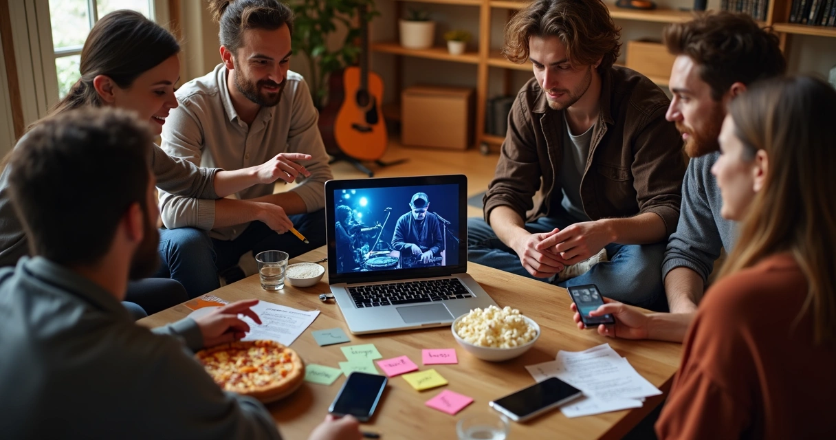 Amigos sentados em sala moderna comparando opções de banda e DJ em laptop 