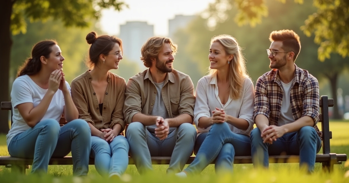 Grupo de amigos sentados en parque escuchando y conversando