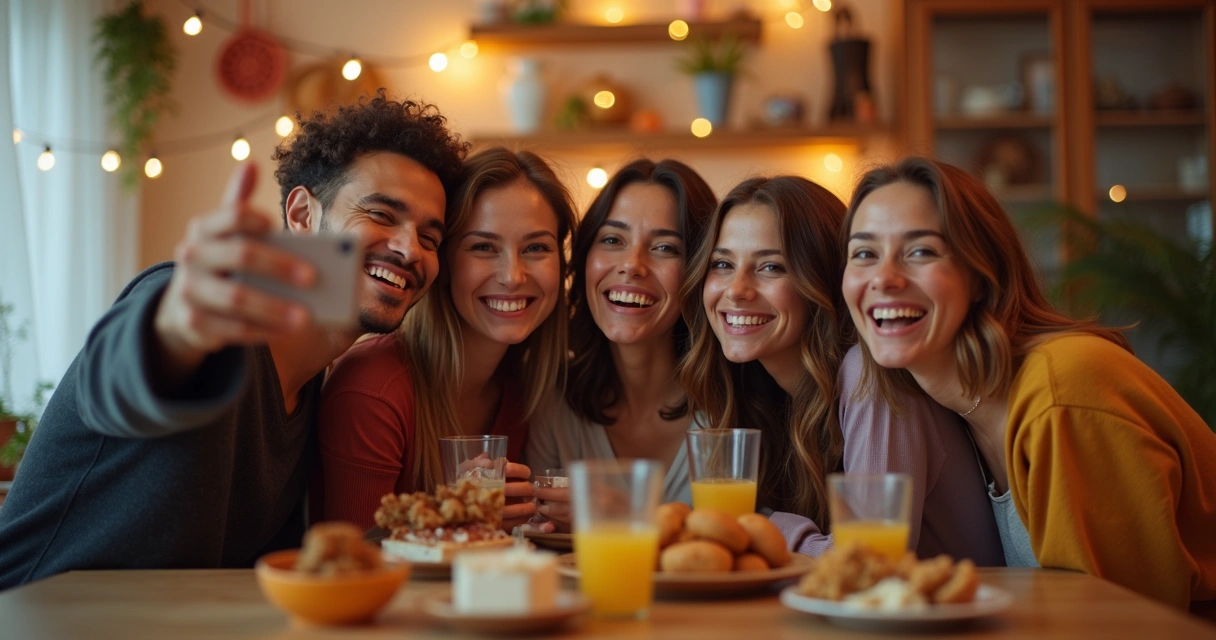 Grupo de amigos tirando selfie em festa em casa 