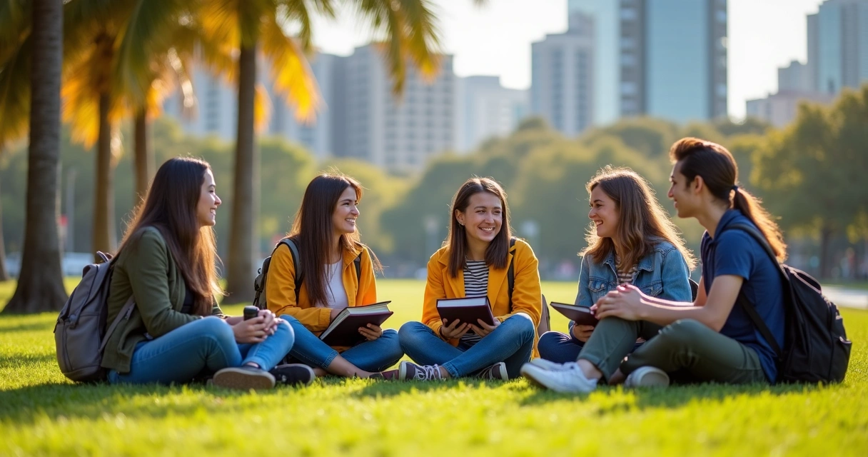 Grupo de jovens sentados em círculo em um parque australiano com livros e mochilas, sorrindo e conversando.