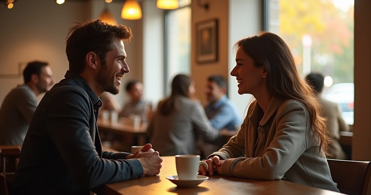 Dos personas sentadas mirándose con sonrisas en un café 