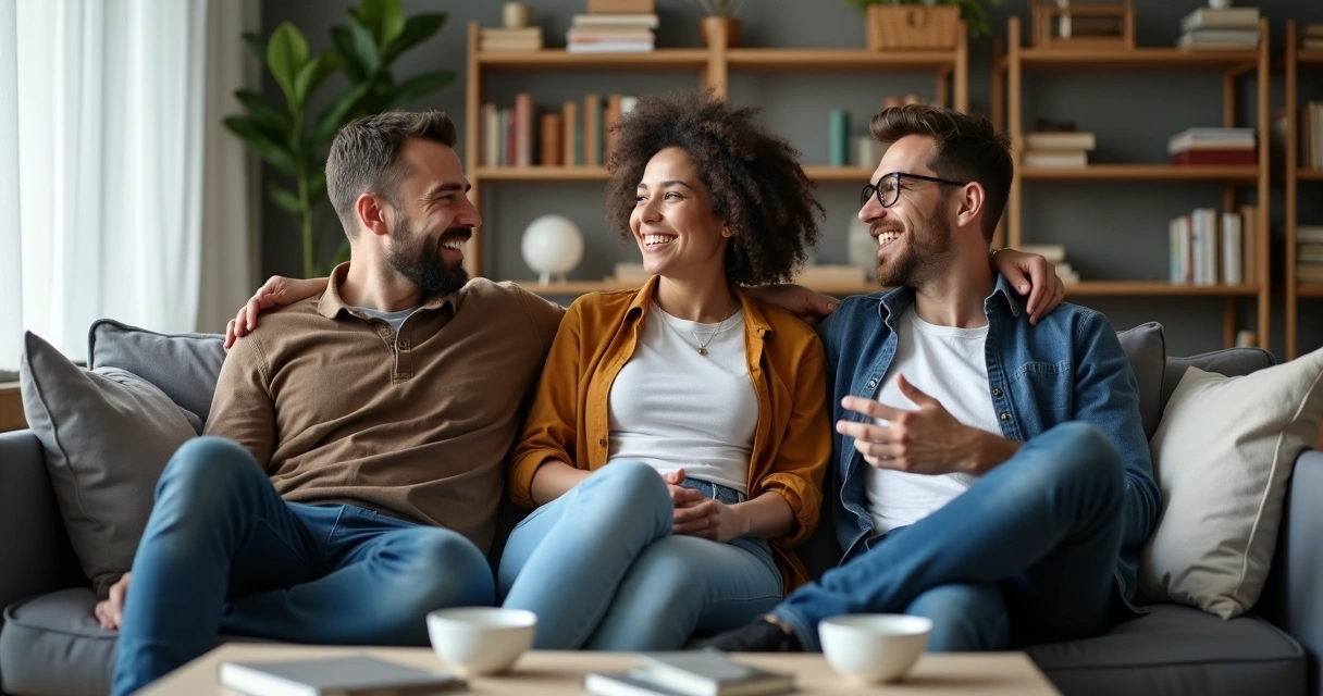 Colegas sentados em sofá de apartamento, conversando e sorrindo 