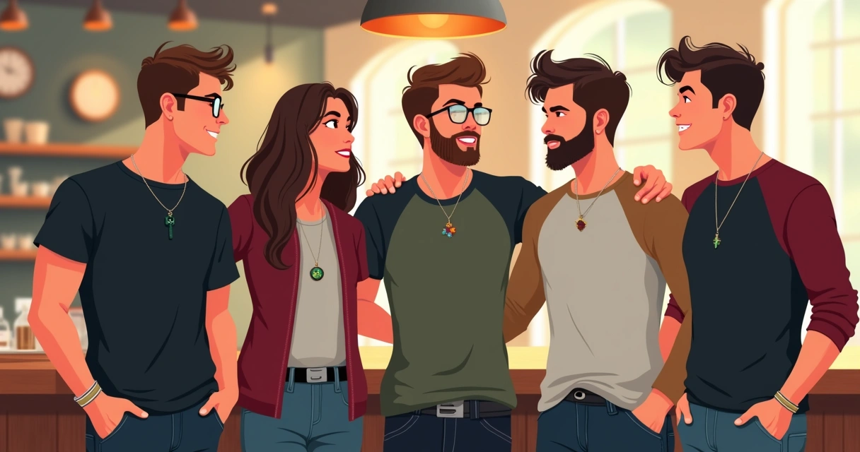 Grupo de amigos com estilo nerd em encontro casual