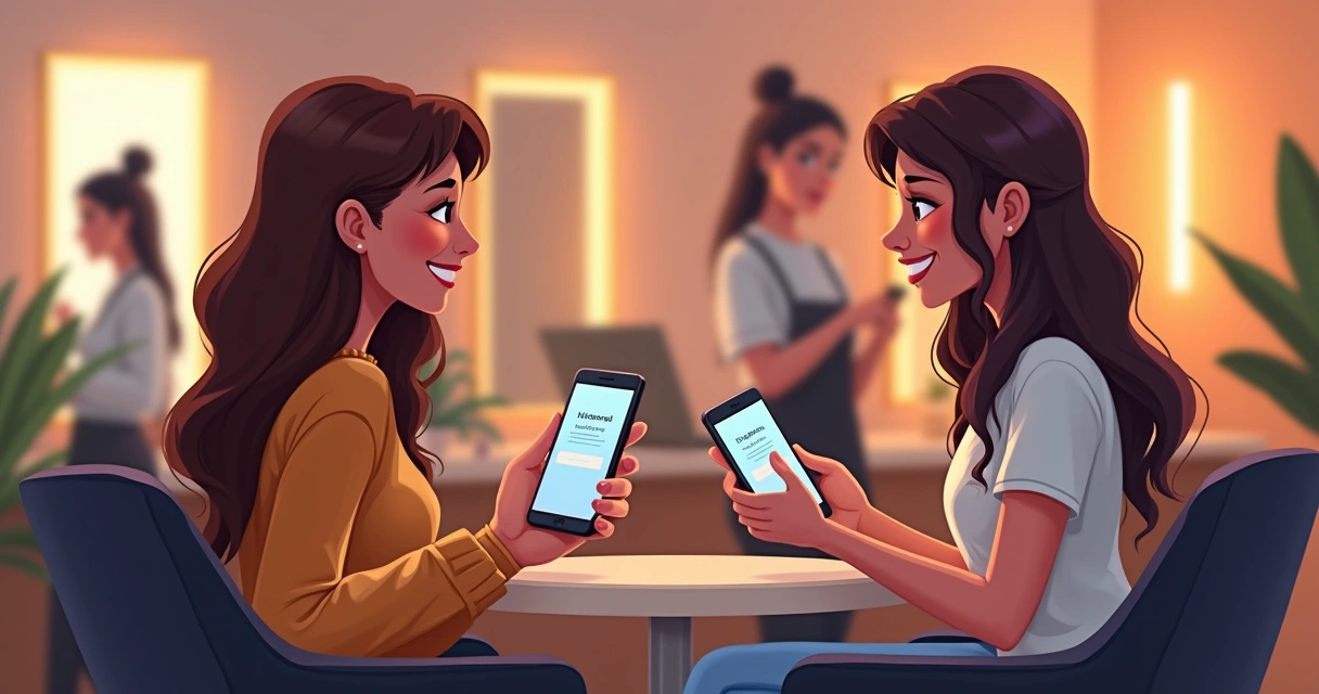 Dois amigos em salão de beleza, sorrindo após uma indicação 