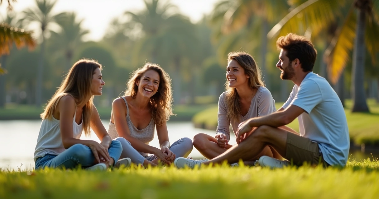 Quatro amigos se conhecem pela primeira vez em parque de Orlando, sorrindo sentados em roda sobre a grama, clima descontraído 