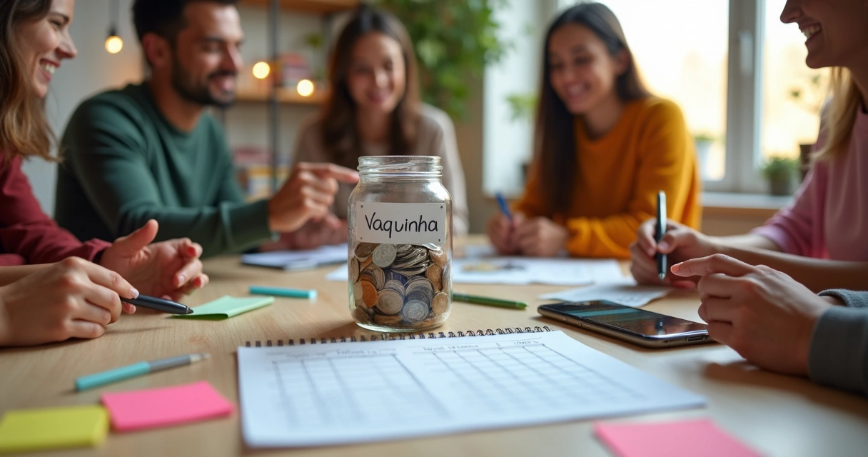 Grupo de amigos ao redor da mesa organizando vaquinha em caderno e celular 