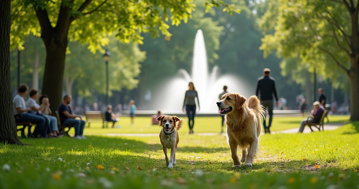 Pessoas caminhando com cachorro em parque arborizado