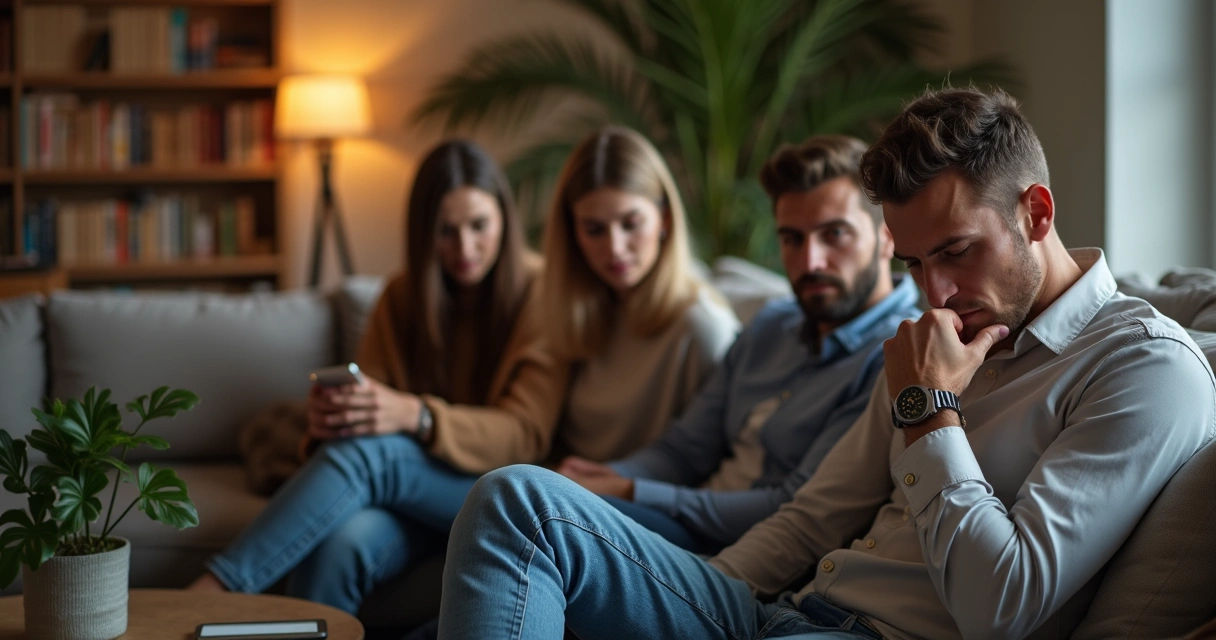 Grupo de amigos sentados em círculo, um olhando para baixo e outros desviando o olhar 