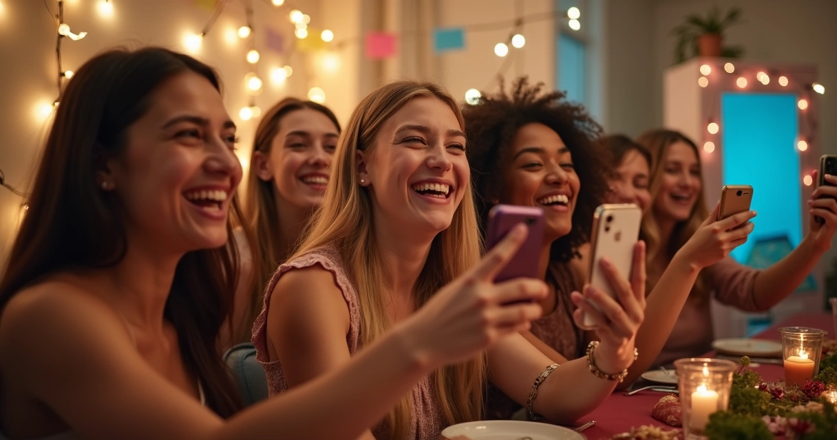 Grupo de amigos tirando fotos com celulares em festa simples 