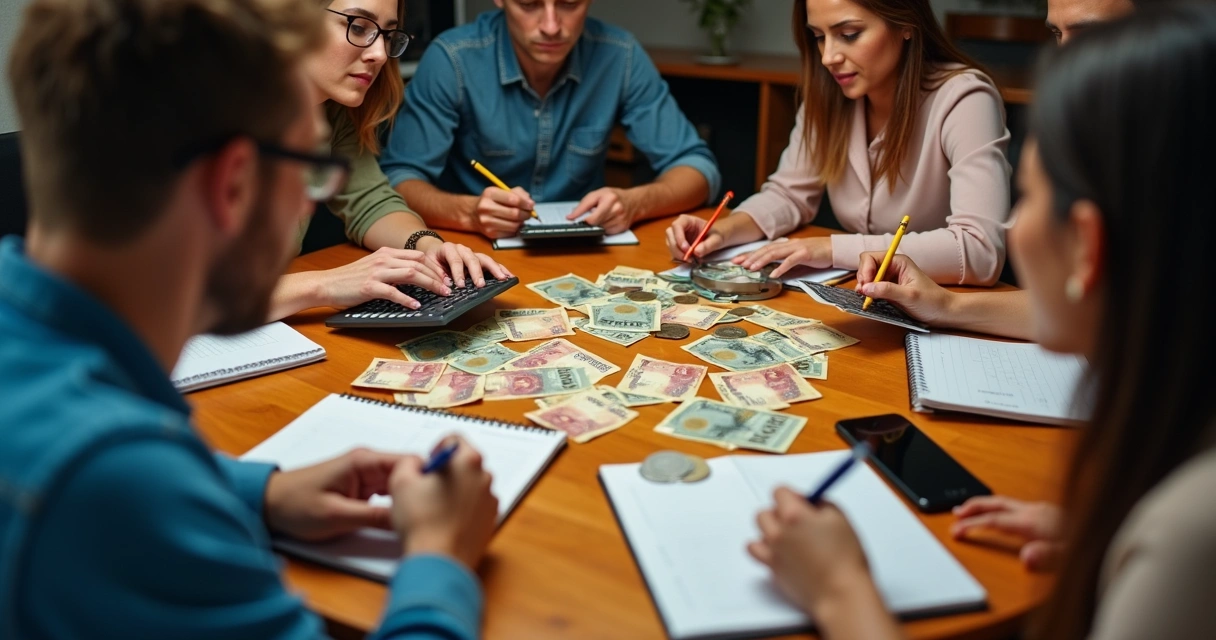 Amigos reunidos em volta de uma mesa, fazendo contas em cadernos com dinheiro espalhado 