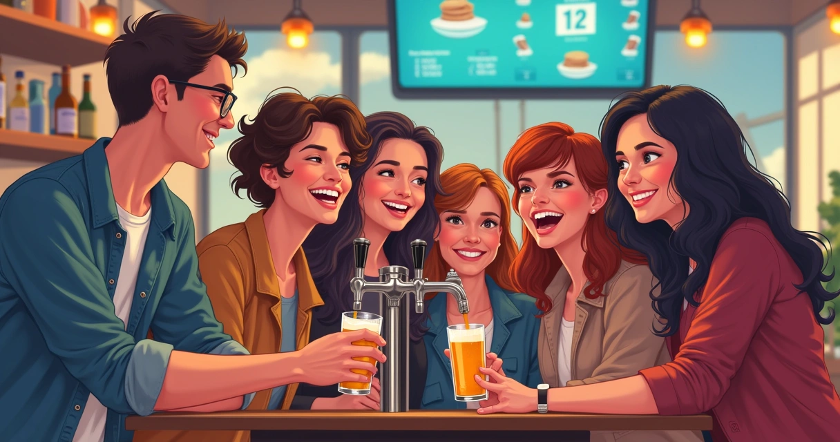 Amigos tirando selfie servindo chopp em autosserviço 